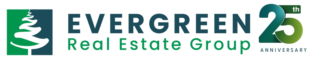 Logo for Evergreen Real Estate Group featuring a stylized tree and text noting the company's 25th anniversary.