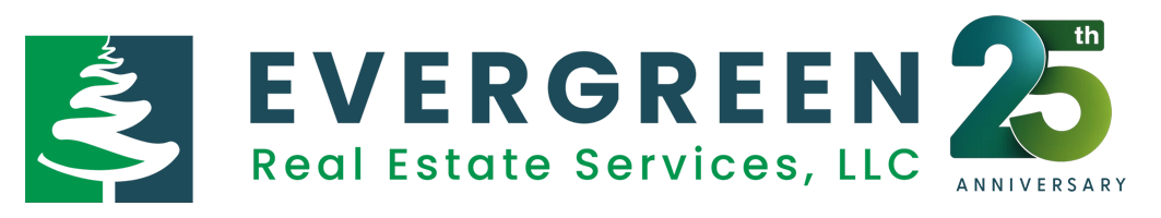 Evergreen Real Estate Services, LLC logo with a stylized tree and a “25th” anniversary emblem.