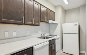 A modern kitchen with dark cabinets, white countertops, a dishwasher, sink, electric stove, range hood, and a white refrigerator against a light-colored wall.