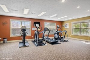Small fitness room with three cardio machines—two elliptical trainers and a treadmill—positioned on a carpeted floor, with large windows letting in natural light.