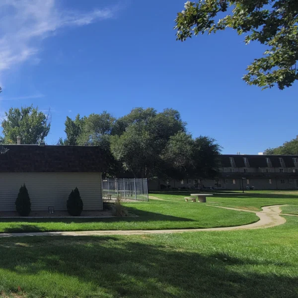 A well-maintained grassy courtyard with winding sidewalks, a picnic table, trees, a small building, and an apartment building in the background under a clear blue sky.