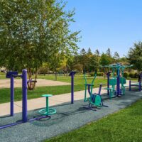 Outdoor fitness equipment installed on a rubberized surface in a park, with trees, grass, and clear blue sky in the background.