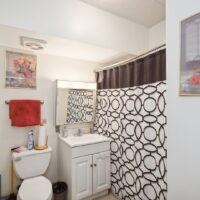 Small bathroom with a white vanity, toilet, wall mirror, patterned shower curtain, red towel, and framed floral pictures on white walls.