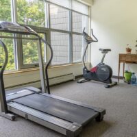 A treadmill and stationary bike in a carpeted room with large windows, a wooden table, potted plants, and a water bottle.