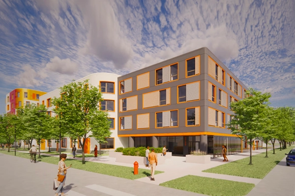 Modern apartment buildings with orange accents, surrounded by trees and sidewalks, with several people walking in a landscaped urban environment under a partly cloudy sky.