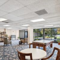 A lounge area with armchairs, a round table with chairs, a game table, a TV, large windows, and potted plants, carpeted floor, and a grid-patterned ceiling with fluorescent lights.
