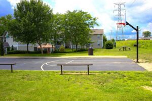 Outdoor basketball court with two benches, surrounded by grass and trees, with residential buildings and power lines in the background.