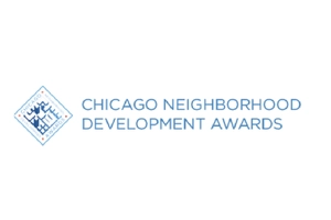Chicago Neighborhood Development Awards logo with a blue diamond-shaped emblem on the left and event name in blue text on the right.