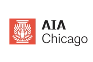 AIA Chicago logo featuring a red square with a white eagle and column design next to the text "AIA Chicago" in black.