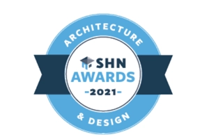 A blue circular badge with "SHN Awards 2021" in the center and "Architecture & Design" written around the edge.