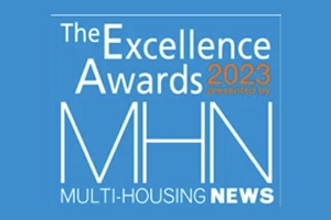 Logo for the 2023 Excellence Awards presented by Multi-Housing News, with white and orange text on a blue background.