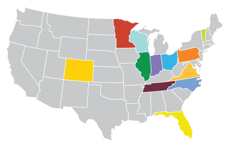 Map of the United States with ten states highlighted in different colors; all other states are shown in gray.