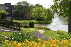 A landscaped garden with yellow flowers, a paved path, a small pond with a fountain, and an apartment building in the background.