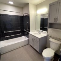 Modern bathroom with a bathtub featuring grab bars, a sink with a cabinet, a toilet, a wall mirror, overhead lighting, and dark tiled walls around the tub.