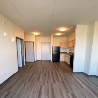 Unfurnished apartment with wood-style flooring, light-colored walls, a small kitchen area with light cabinets, black appliances, and two closed doors.