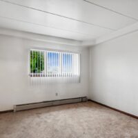 Empty room with white walls, beige carpet, a large window with vertical blinds, and a baseboard heater along the wall.