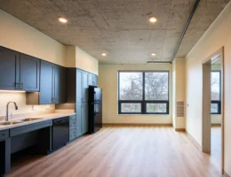 Modern apartment kitchen with dark cabinets, black appliances, light wood flooring, and large windows overlooking trees.