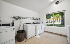 A small laundry room with three washing machines and one dryer, a trash can, and a large window showing trees and grass outside.