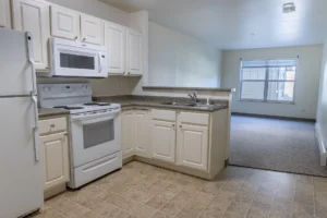 A small kitchen with white cabinets, stove, microwave, refrigerator, and sink, opens into a carpeted living area with a large window.