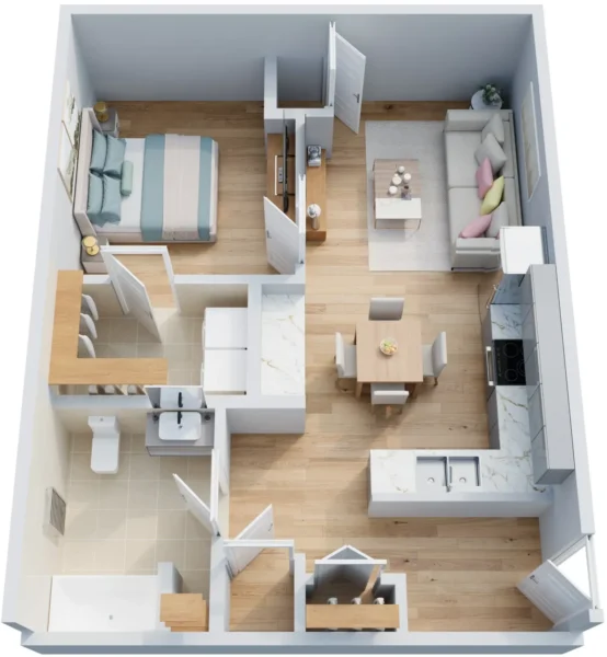 3D floor plan of a one-bedroom apartment featuring a bedroom, bathroom, open living and dining area, and a kitchen with modern furnishings and wood flooring throughout.