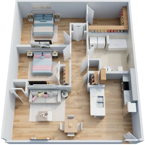 3D floor plan of a two-bedroom, one-bathroom apartment with an open kitchen, dining and living area, closets, and laundry space.