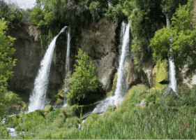 Three waterfalls cascade down a rocky cliff surrounded by dense green vegetation, with water pooling among grass and reeds at the base.