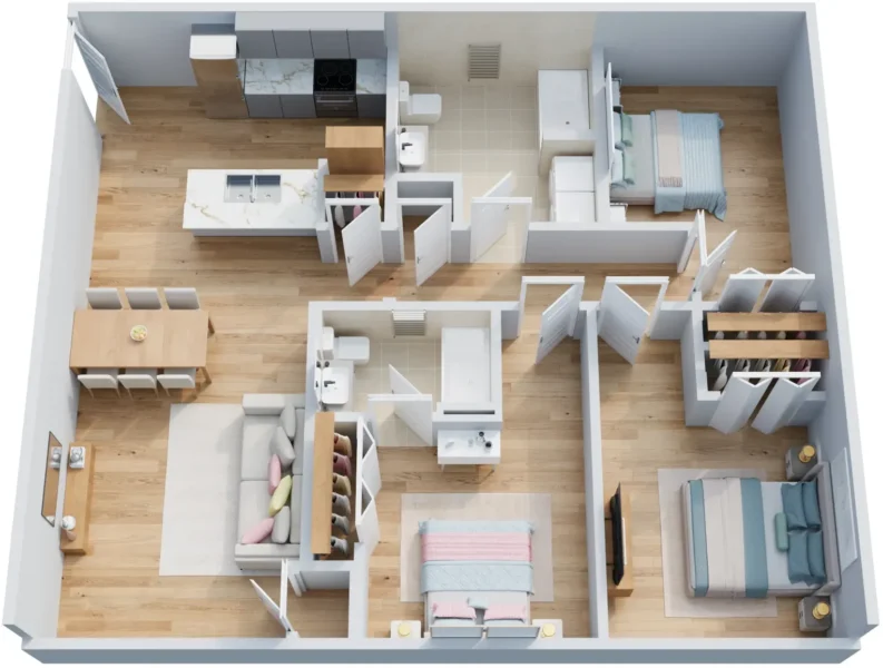 A 3D floor plan of a three-bedroom apartment with two bathrooms, a kitchen, dining area, living room, and closets in each bedroom.