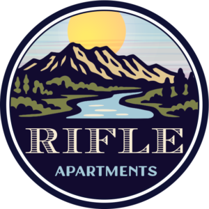 Logo featuring a sun over mountains and a river, with the text "Rifle Apartments" displayed below the landscape illustration.