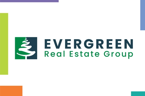 Logo for Evergreen Real Estate Group featuring a stylized white tree on a green square, with the company name in bold blue and green text, and colored corner accents.