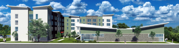Rendering of a modern multi-story apartment building with angled roofs, green and white exterior, and landscaped grounds under a partly cloudy sky.