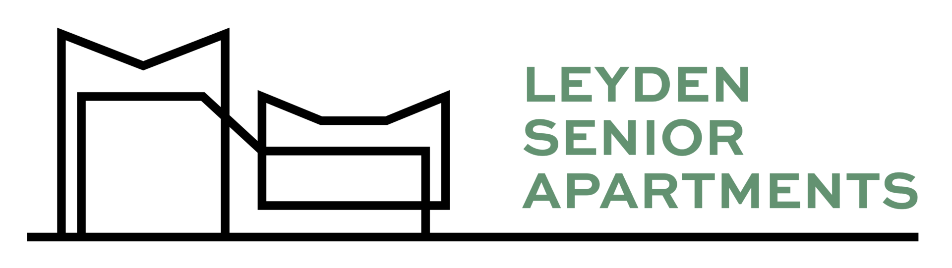 Leyden Senior Apartments logo with a dark green abstract graphic on the left and the text “LEYDEN SENIOR APARTMENTS” in green capital letters on the right.