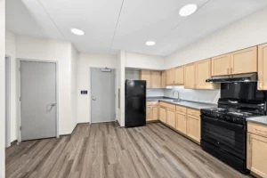Modern kitchen with light wood cabinets, black appliances, gray doors, and wood-style flooring under bright recessed lighting.