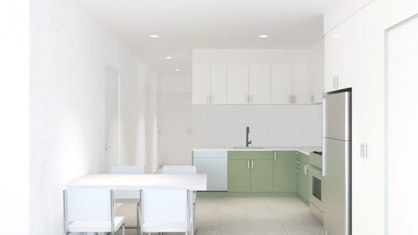 Minimalist kitchen with green lower cabinets, white upper cabinets, stainless steel appliances, a sink, and a dining table with four chairs. The space is brightly lit with recessed lighting.