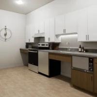 Modern kitchen with white upper cabinets, wood lower cabinets, stainless steel appliances, light wood flooring, and a circular wall decor on the left.