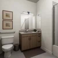 Modern bathroom with a toilet, wooden vanity with double sinks, two mirrors, wall art, grab bar, towel basket, and a shower with a curtain.