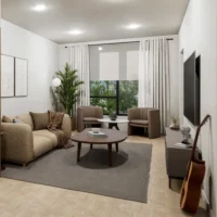 Modern living room with beige furniture, round coffee table, large window with white curtains, TV on wall, potted plant, and guitar in the corner.