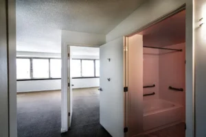 View of a carpeted room with large windows, an open door to a bathroom with a bathtub and grab bars, and white walls throughout.