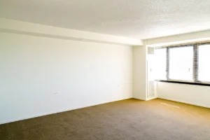Empty room with white walls, brown carpet, a large window with blinds, and natural light coming in from the right side.