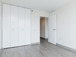 An empty room with white walls, wood-look flooring, a large white closet with four doors, and an open doorway leading to a hallway.