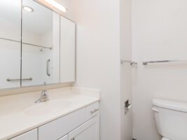 A bathroom featuring a white vanity with a mirror cabinet, a sink, and a toilet with grab bars.