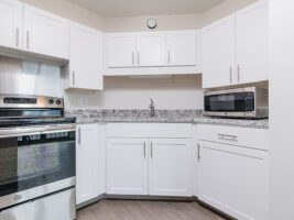 Kitchen with white cabinets, granite countertops, a stainless steel stove, and a microwave.